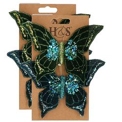 Foto van 4x stuks kunststof decoratie vlinders op clip groen/blauw 10 x 15 cm - kunstbloemen