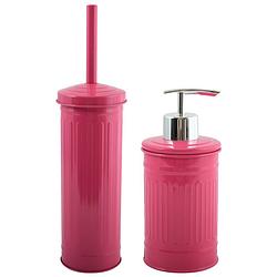 Foto van Msv badkamer accessoires set - fuchsia roze - zeeppompje/wc-borstel - metaal - badkameraccessoireset