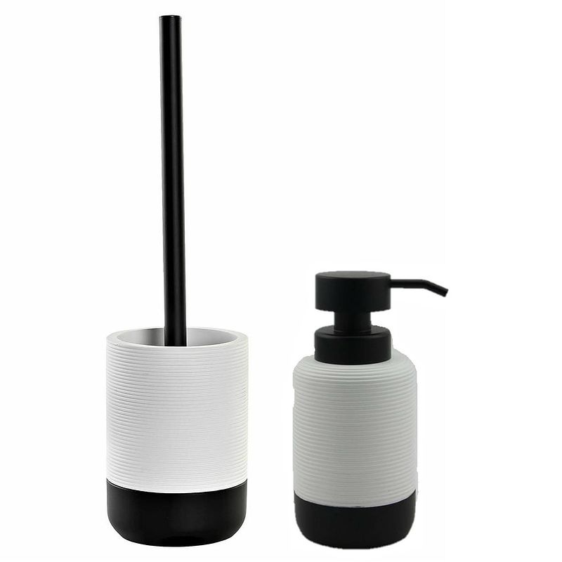 Foto van Toiletborstel met houder 38 cm en zeeppompje 300 ml keramiek wit/zwart - badkameraccessoireset