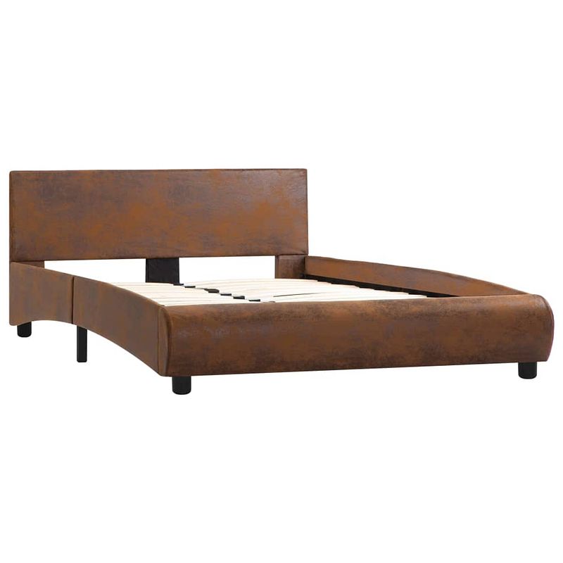 Foto van The living store bedframe - kunstleren bekleding - gepoedercoat stalen frame - houten lattenbodem - bruin - 215 x 124 x