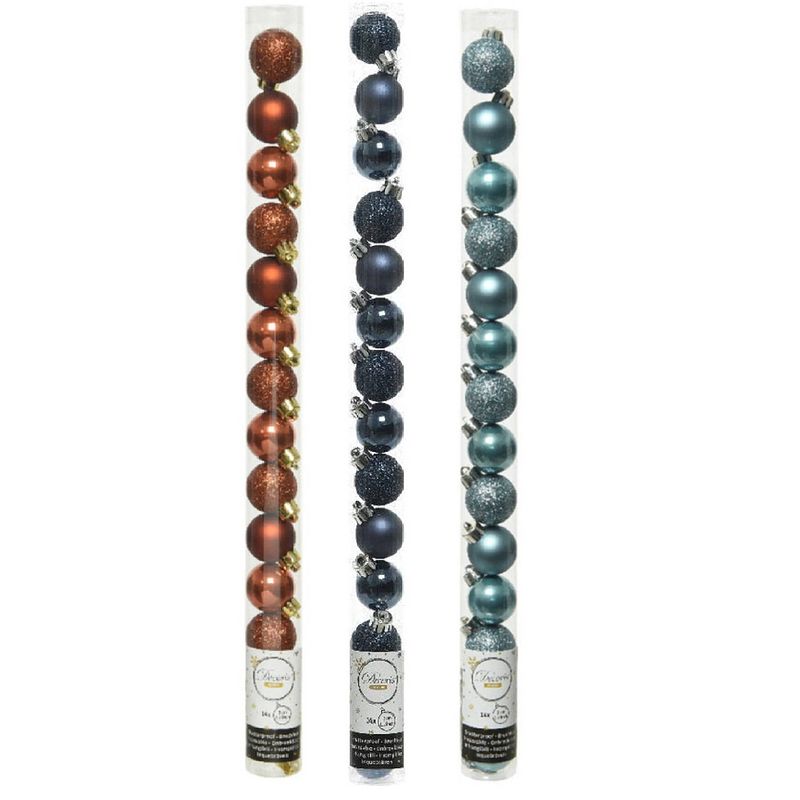 Foto van 42x stuks kunststof kerstballen mix donkerblauw/terra bruin/ijsblauw 3 cm - kerstbal