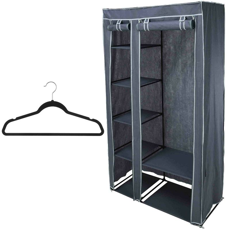 Foto van Mobiele kledingkast/garderobekast incl 8x hangers - opvouwbaar - grijs - 174 cm - campingkledingkasten