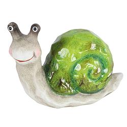 Foto van Tuinbeeld dier slak - kunststeen - l10 x b22 x h16 cm - groen en wit - decoratie beeldjes - tuinbeelden