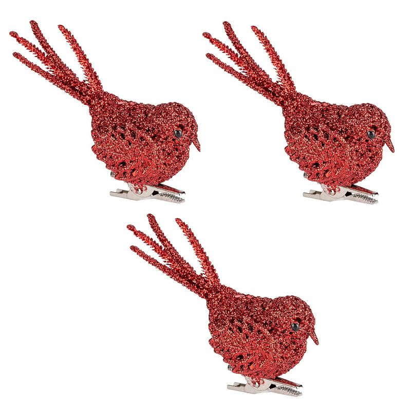 Foto van 4x kerstboomversiering glitter rode vogeltjes op clip 12 cm - kersthangers