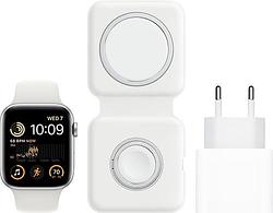 Foto van Apple watch se (2022) 4g 44mm zilver aluminium witte sportband + magsafe oplaadpakket