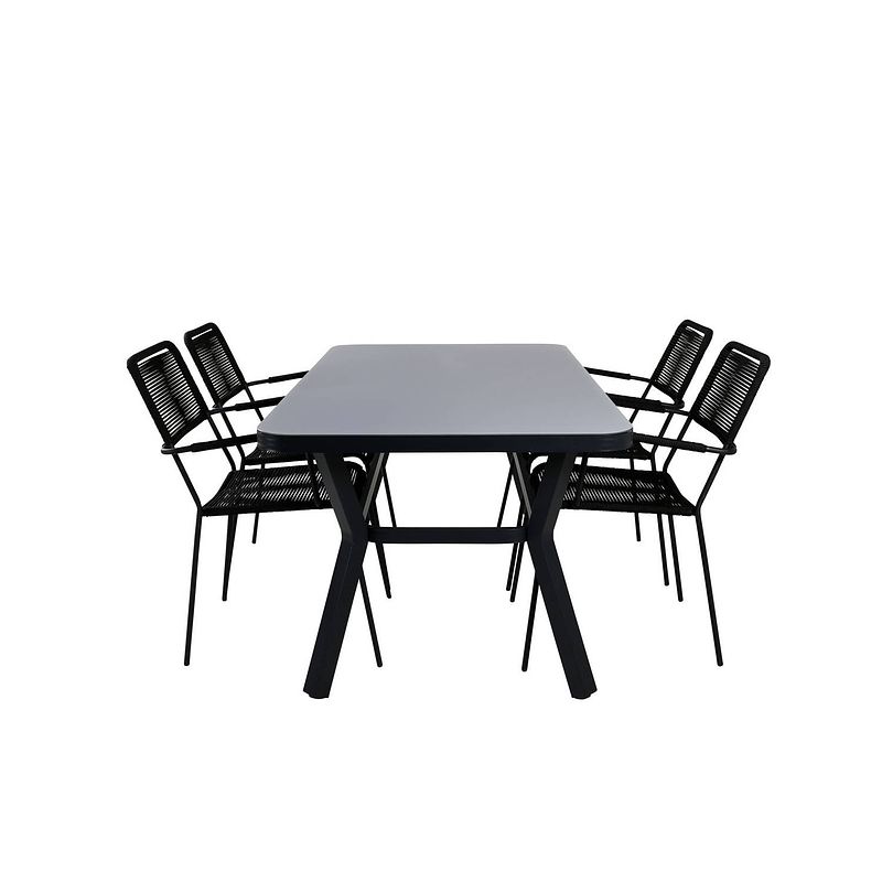 Foto van Virya tuinmeubelset tafel 90x160cm en 4 stoel armleunings lindos zwart, grijs.