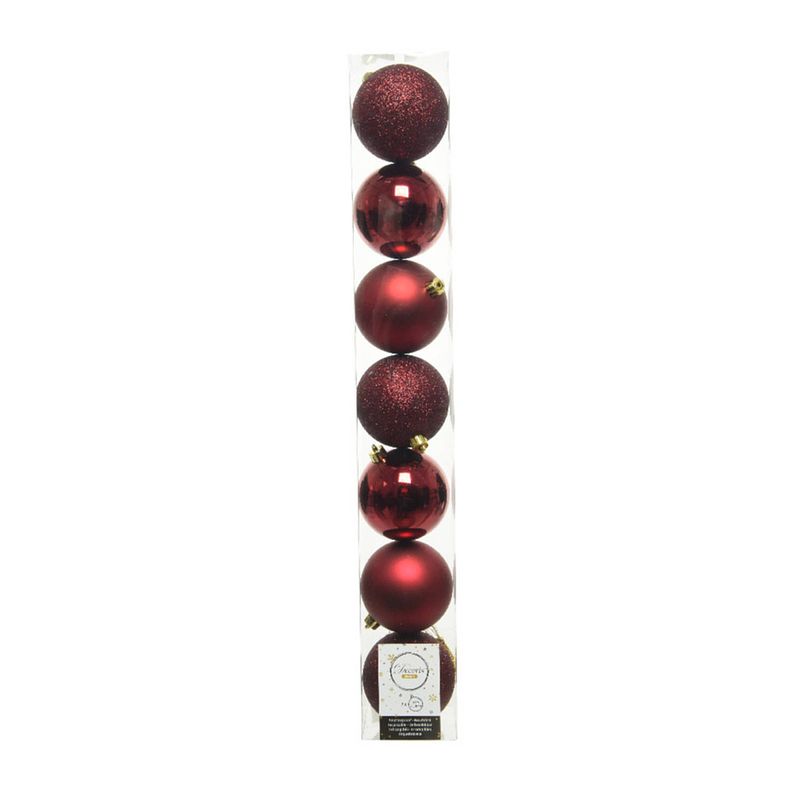 Foto van 7x stuks kunststof kerstballen donkerrood (oxblood) 8 cm glans/mat/glitter - kerstbal