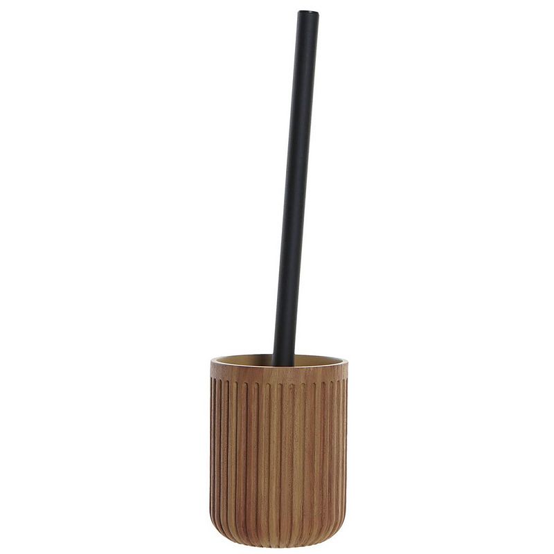 Foto van Toiletborstel bruin met hout look houder van polyresin 37 cm - toiletborstels