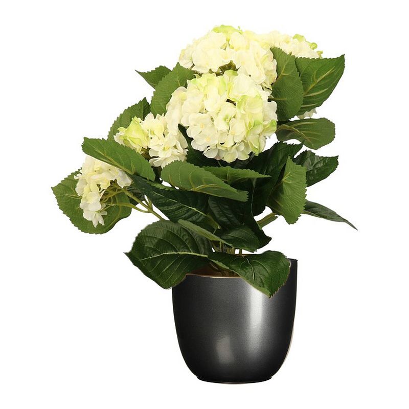 Foto van Hortensia kunstplant/kunstbloemen 36 cm - wit/groen - in pot titanium grijs glans - kunstplanten