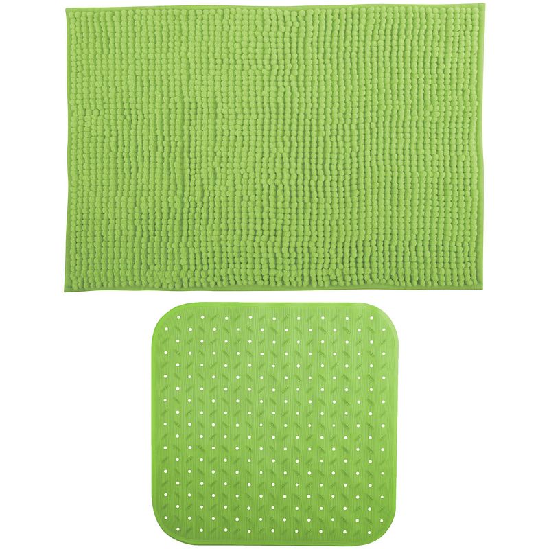 Foto van Msv douche anti-slip mat en droogloop mat - sevilla badkamer set - rubber/microvezel - limegroen - badmatjes