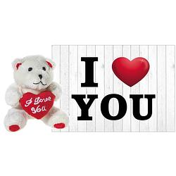 Foto van Pluche knuffel valentijn i love you beertje 10 cm met hartjes wenskaart - knuffelberen