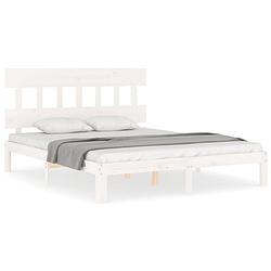 Foto van The living store massief grenenhouten bedframe - wit - 203.5 x 153.5 x 81 cm - multiplex lattenbodem