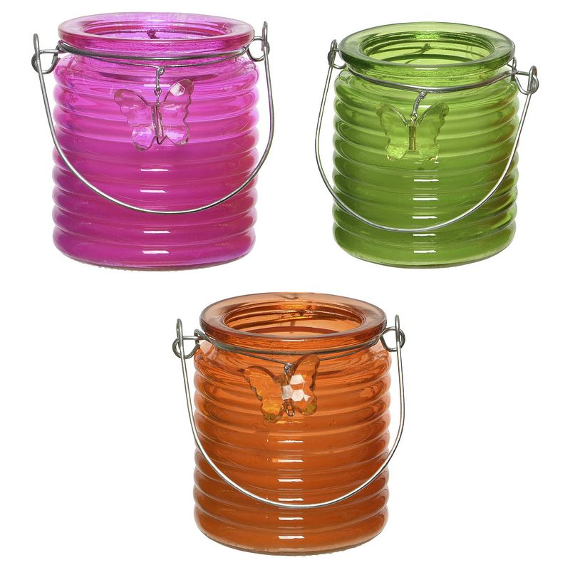 Foto van Set van 3x stuks citronella anti muggen kaarsen windlicht roze, groen en oranje 20 branduren - geurkaarsen