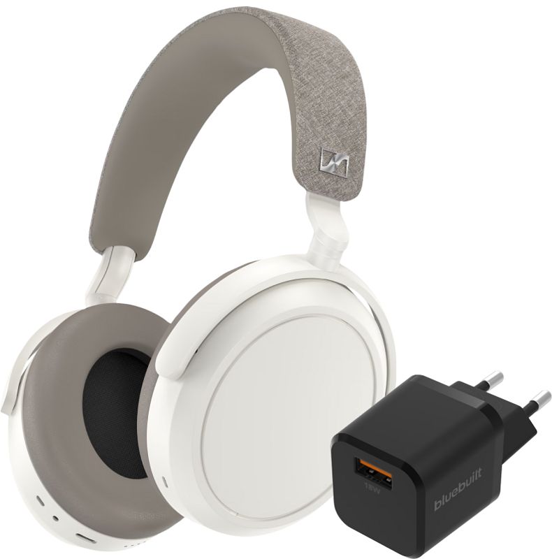 Foto van Sennheiser momentum 4 wireless wit + bluebuilt quick charge oplader met usb a poort 18w