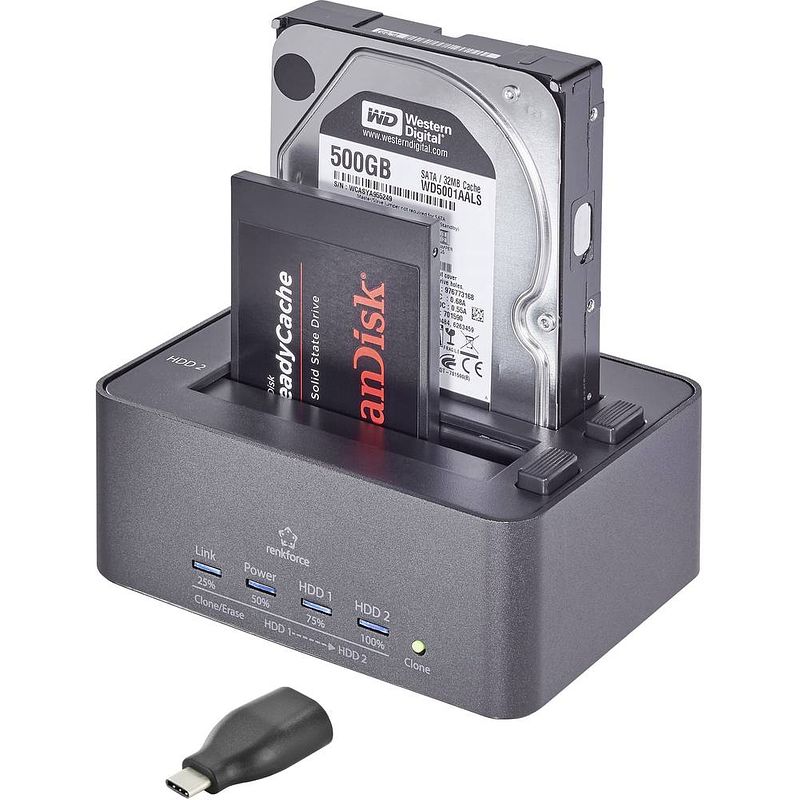 Foto van Renkforce rf-docking-10 usb-c® usb 3.2 (gen 1) sata 2 poorten harde schijf-dockingstation met clone-functie, met wis-functie