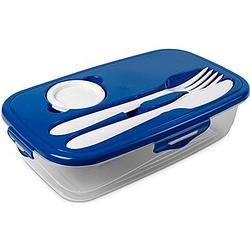 Foto van 1x voedsel plastic bewaarbakje 1 liter transparant/blauw met bestek en dressingbakje - lunchboxen