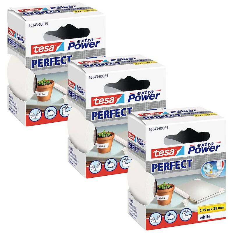 Foto van Tesa extra power perfect 56343-00501-04 textieltape wit (l x b) 2.75 m x 38 mm 3 stuk(s)