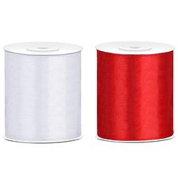 Foto van 2x rollen hobby decoratie satijnlint rood-wit 10 cm x 25 meter - cadeaulinten