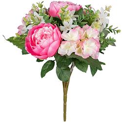 Foto van Louis maes kunstbloemen boeket roos/hortensia - roze/cerise - h39 cm - bloemstuk - bladgroen - kunstbloemen