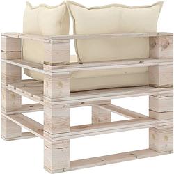 Foto van The living store pallet hoekbank - grenenhout - 70 x 67.5 x 62 cm - 3 kussens - crème