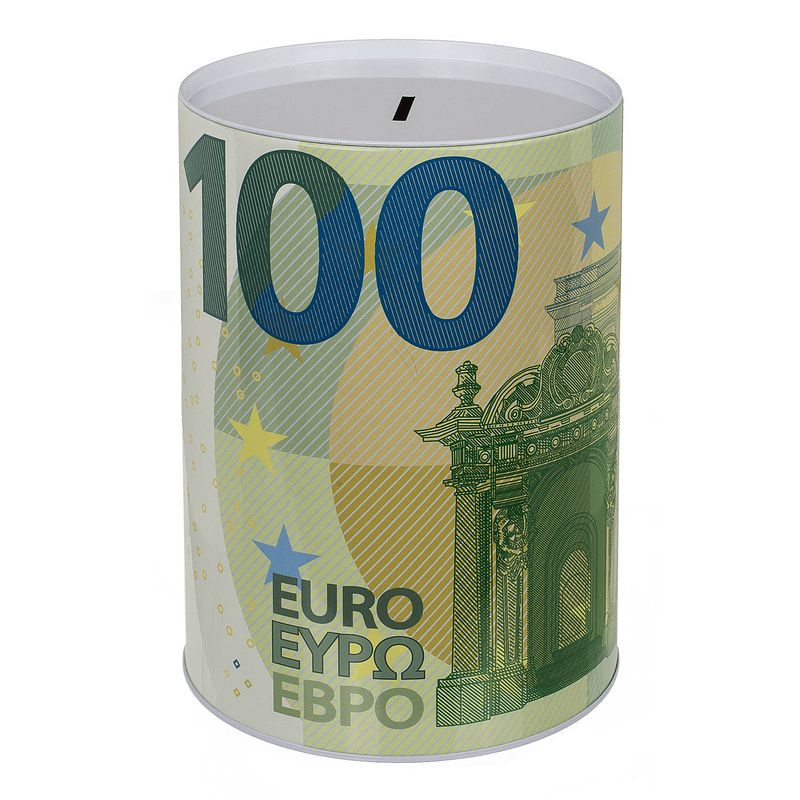 Foto van Spaarpot van 100 euro biljet - metaal - 22 x 15 cm - sparen voor kind/volwassenen - spaarpotten