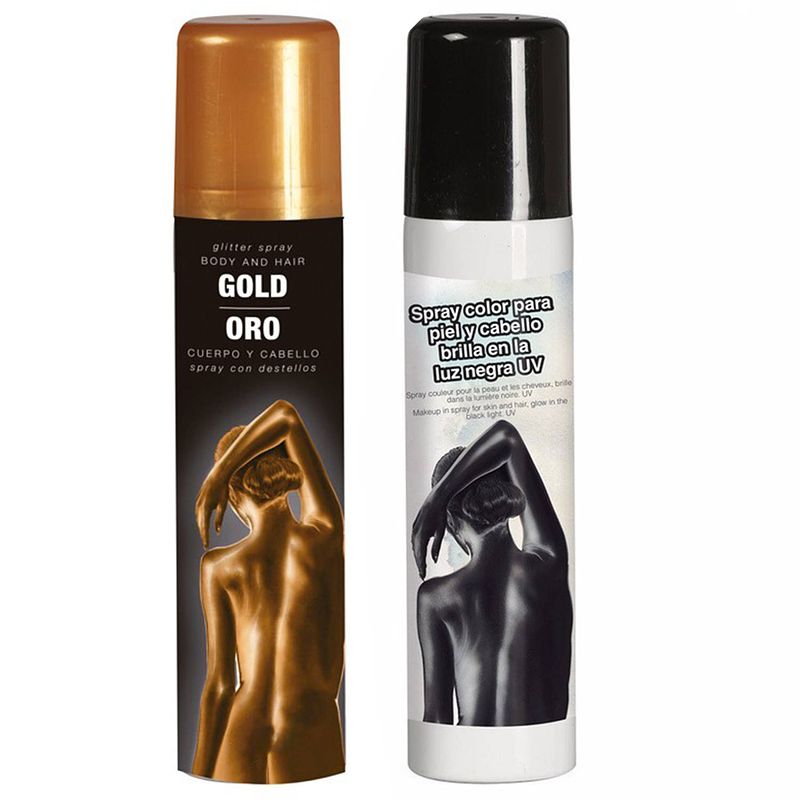 Foto van Guirca haarspray/bodypaint spray - 2x kleuren - goud en zwart - 75 ml - verkleedhaarkleuring