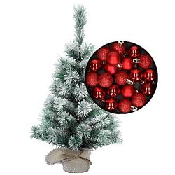 Foto van Besneeuwde mini kerstboom/kunst kerstboom 35 cm met kerstballen rood - kunstkerstboom