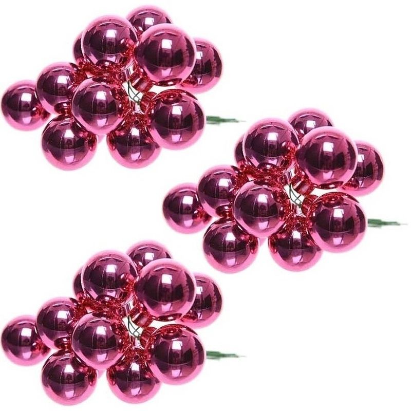 Foto van 30x fuchsia roze mini kerststukjes insteek kerstballetjes 2 cm van glas - kerststukjes