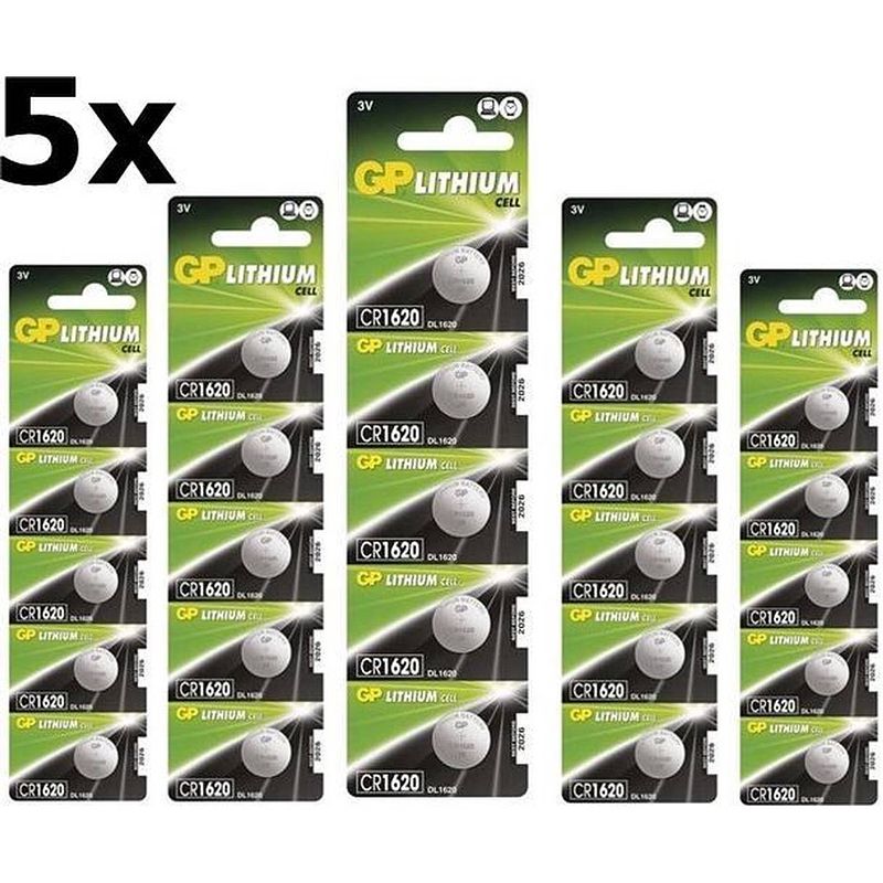 Foto van 25 stuks (5 blister a 5st) gp cr1620 3v lithium knoopcelbatterij