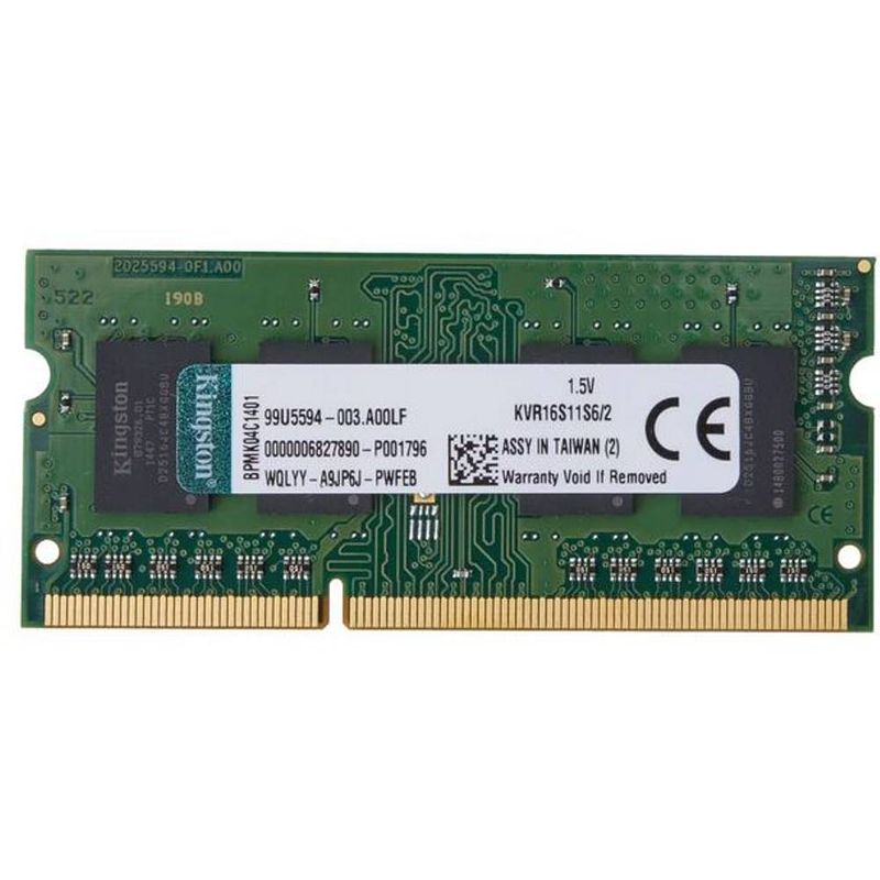 Foto van Kingston valueram werkgeheugenmodule voor laptop ddr3 2 gb 1 x 2 gb 1600 mhz 204-pins so-dimm cl11 kvr16s11s6/2