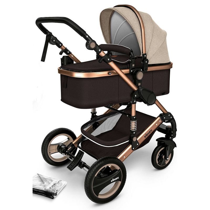 Foto van Kiduku- 3 in 1 combi-kinderwagen- bruin/goud- buggy incl. autostoeltje-regenhoes- inklapbaar