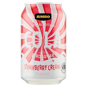 Foto van Jumbo cola zero sugar strawberry cream flavour special edition 330ml