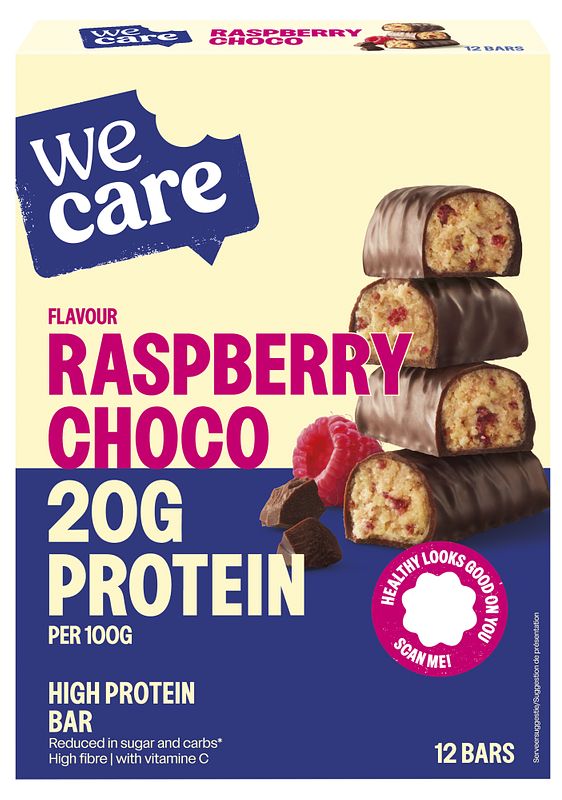 Foto van Wecare raspberry choco high protein bar