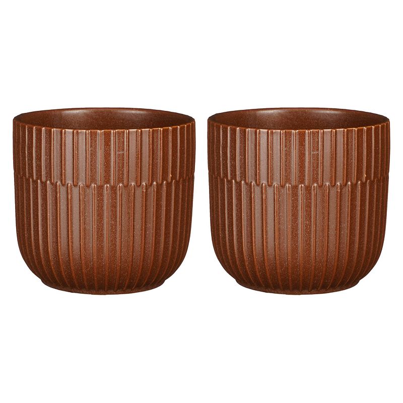 Foto van 2x stuks plantenpot/bloempot keramiek mat bruin stripes patroon - d12.5/h11 cm - plantenpotten