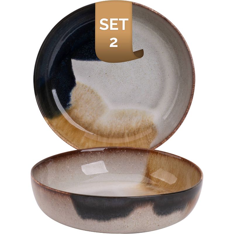 Foto van Palmer bord diep aquarel 22 cm blauw beige stoneware 2 stuk(s)