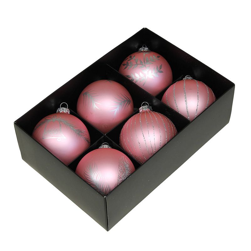 Foto van Othmar decorations kerstballen - gedecoreerd - 6x - 8 cm - roze - kerstbal