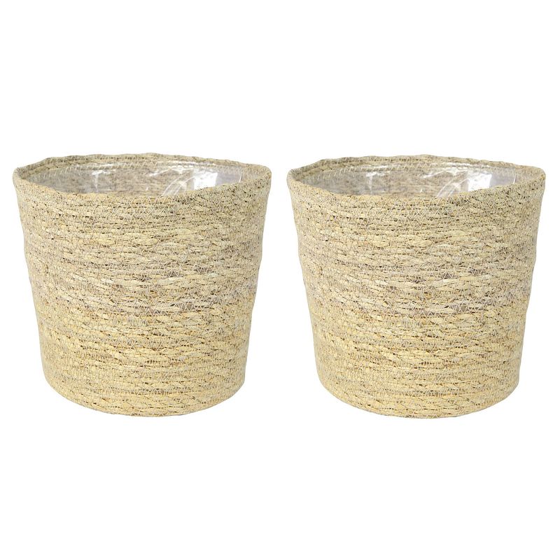 Foto van Set van 2x stuks plantenpot/bloempot van jute/zeegras diameter 22 cm en hoogte 19 cm creme beige - plantenpotten