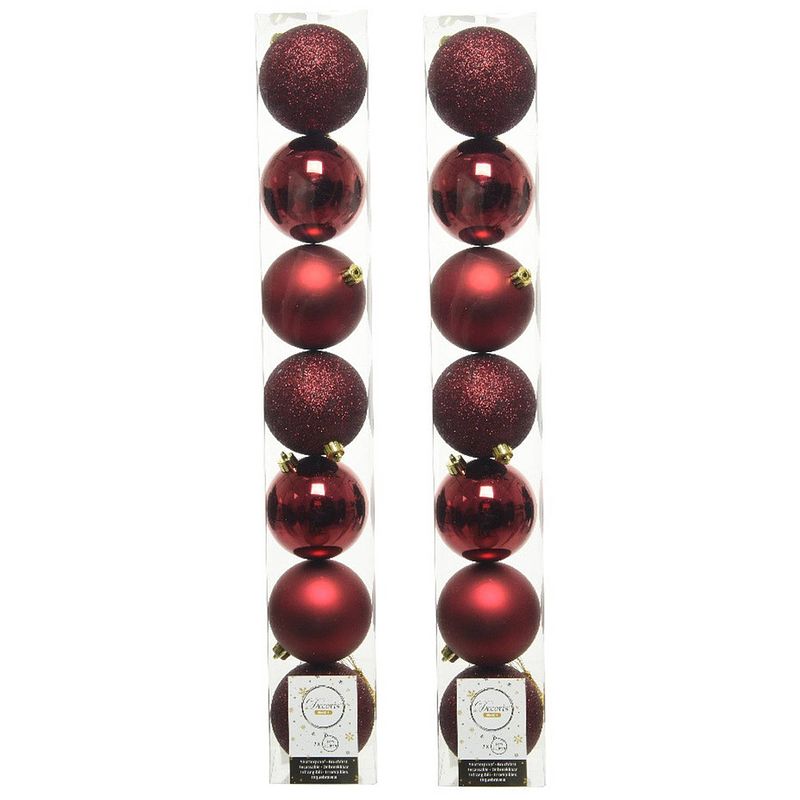 Foto van 14x stuks kunststof kerstballen donkerrood (oxblood) 8 cm glans/mat/glitter - kerstbal