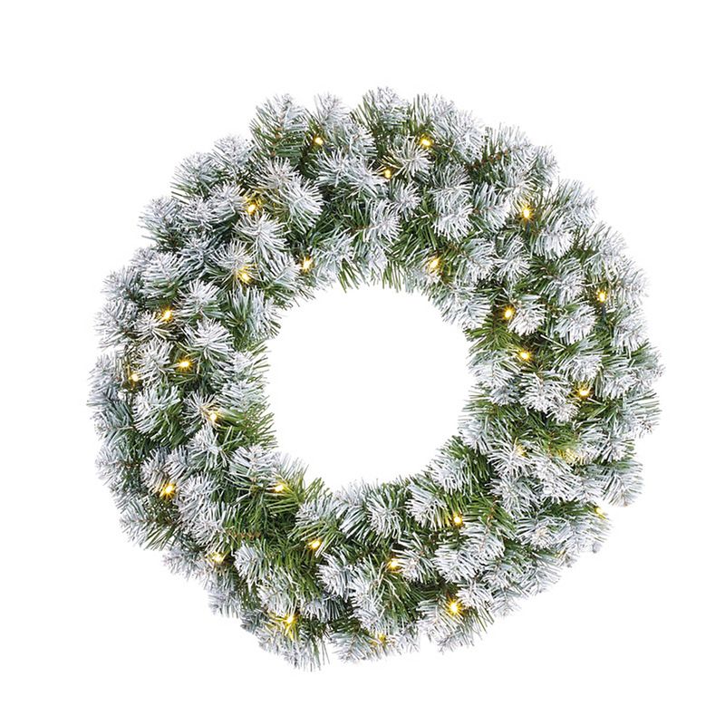 Foto van Groene kerstkrans met 30 led lampjes en sneeuw 60 cm - kerstkransen