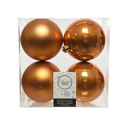 Foto van 4x stuks kunststof kerstballen cognac bruin (amber) 10 cm glans/mat - kerstbal