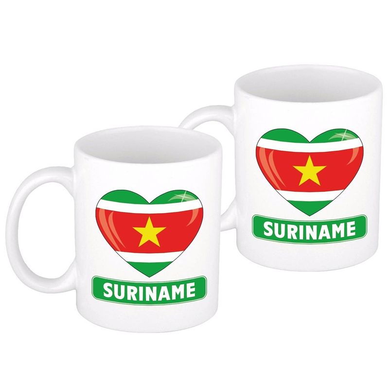 Foto van 2x stuks hartje vlag suriname mok / beker 300 ml - feest mokken