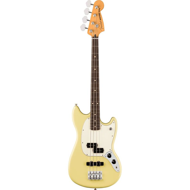 Foto van Fender player ii mustang bass pj rw hialeah yellow elektrische basgitaar