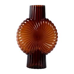 Foto van Ptmd zugar brown solid glass vase ribbed round l