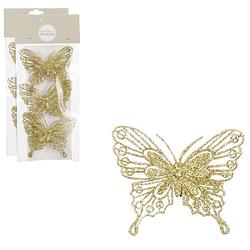 Foto van House of seasons kerst vlinders op clip - 3x st - goud glitter - 10 cm - kersthangers