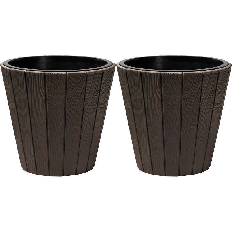 Foto van Prosperplast plantenpot/bloempot wood style - 2x - buiten/binnen - kunststof - donkerbruin - d49 x h45 cm - plantenpotte