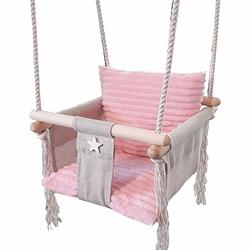 Foto van Luxe houten handgemaakte baby schommel en kinder schommel met roze kussen