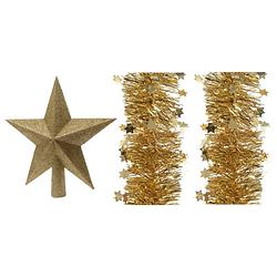 Foto van Set van een kerst ster piek en 2x stuks kerstslingers goud 270 x 10 cm - kerstboompieken