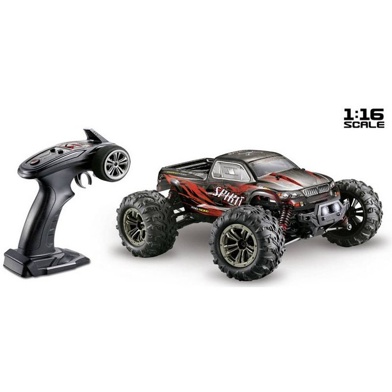 Foto van Absima spirit zwart, rood brushed 1:16 rc auto elektro monstertruck 4wd rtr 2,4 ghz incl. accu en laadkabel