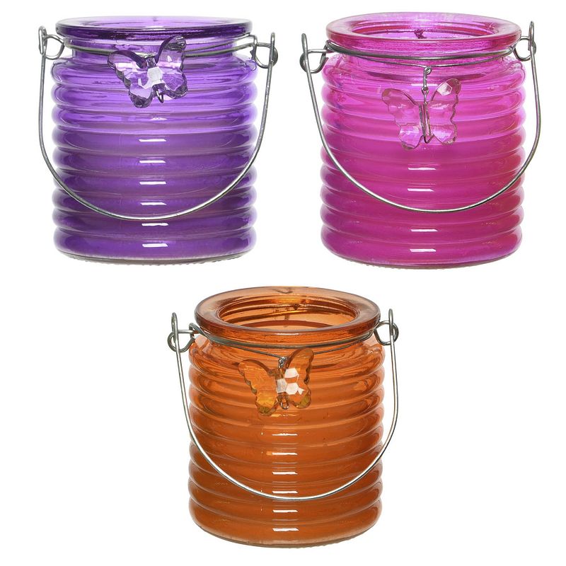 Foto van Citronella windlicht met kaars - 3x - paars/roze en oranje - 20 branduren - citrusgeur - geurkaarsen