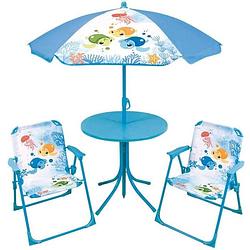 Foto van Leuk huis mijn kleine caapace tuin meubels schildpadden voor kinderen met een tafel, twee stoelen en een parasol